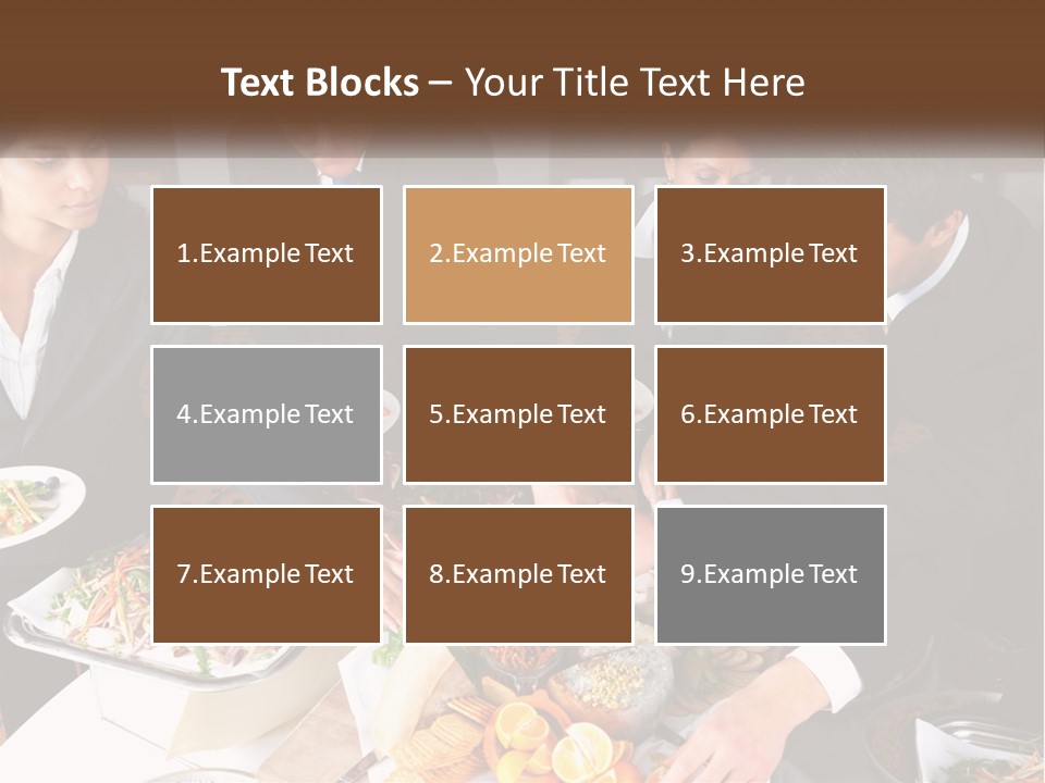 A Group Of People Standing Around A Table With Plates Of Food PowerPoint Template