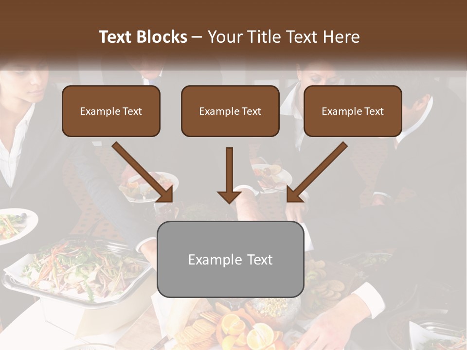 A Group Of People Standing Around A Table With Plates Of Food PowerPoint Template