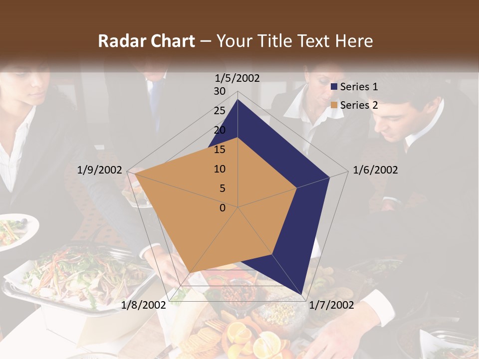 A Group Of People Standing Around A Table With Plates Of Food PowerPoint Template