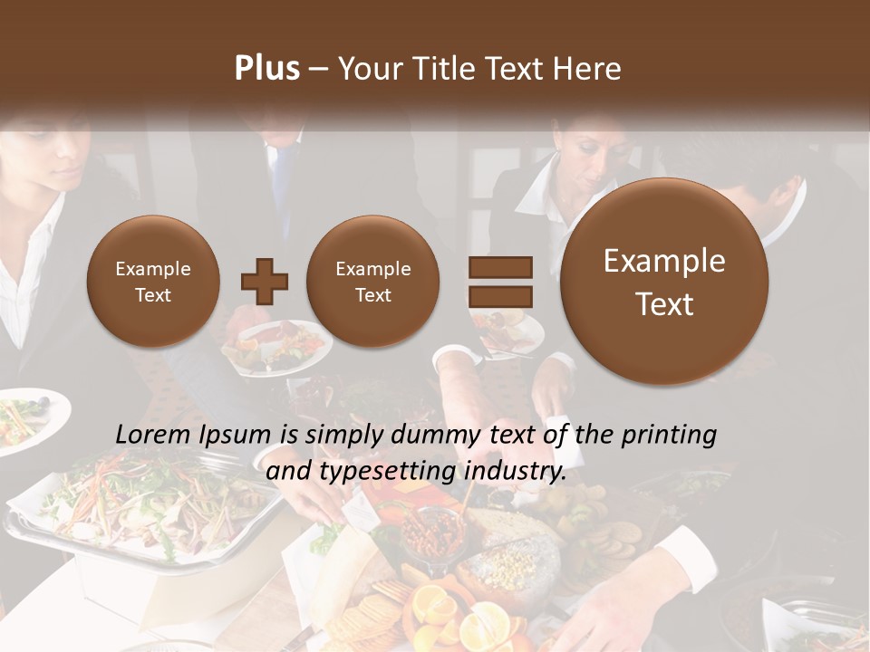 A Group Of People Standing Around A Table With Plates Of Food PowerPoint Template