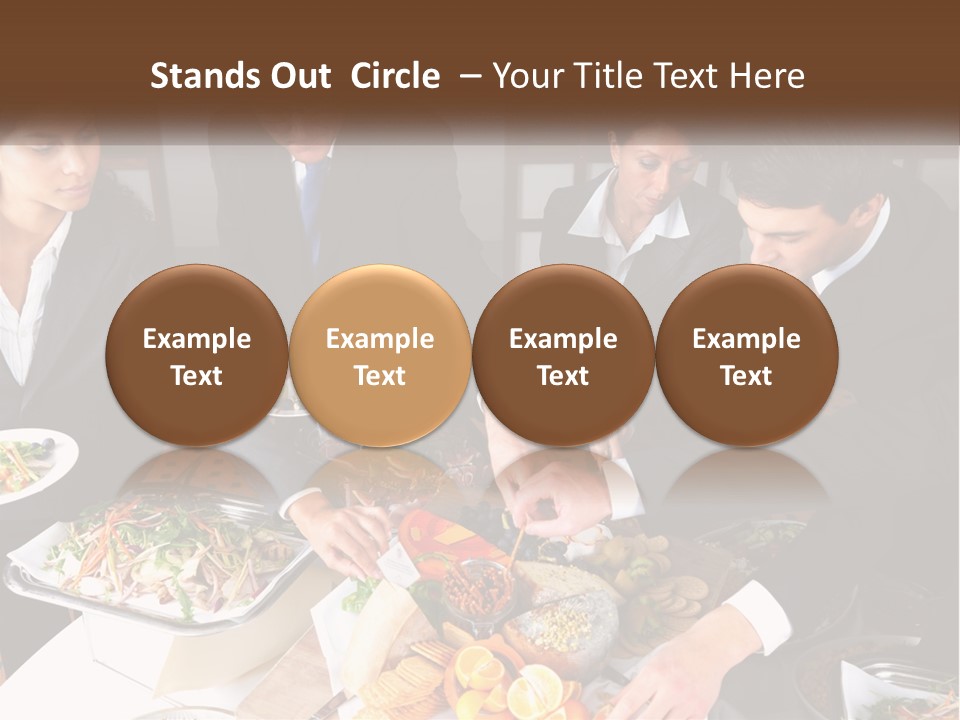 A Group Of People Standing Around A Table With Plates Of Food PowerPoint Template