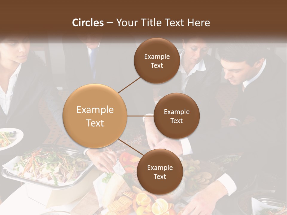 A Group Of People Standing Around A Table With Plates Of Food PowerPoint Template