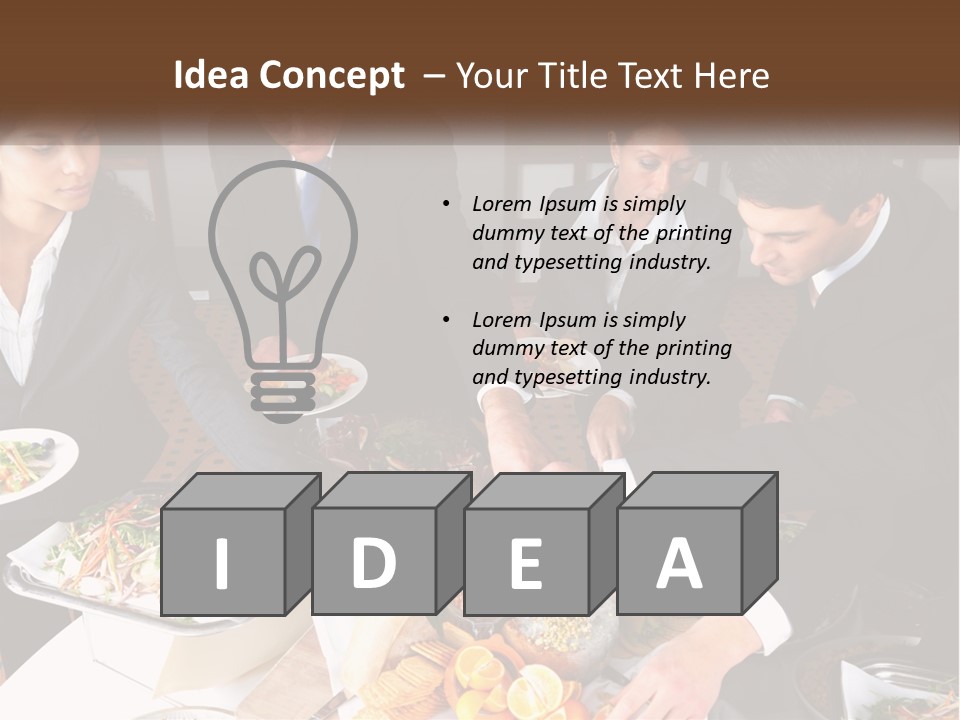 A Group Of People Standing Around A Table With Plates Of Food PowerPoint Template
