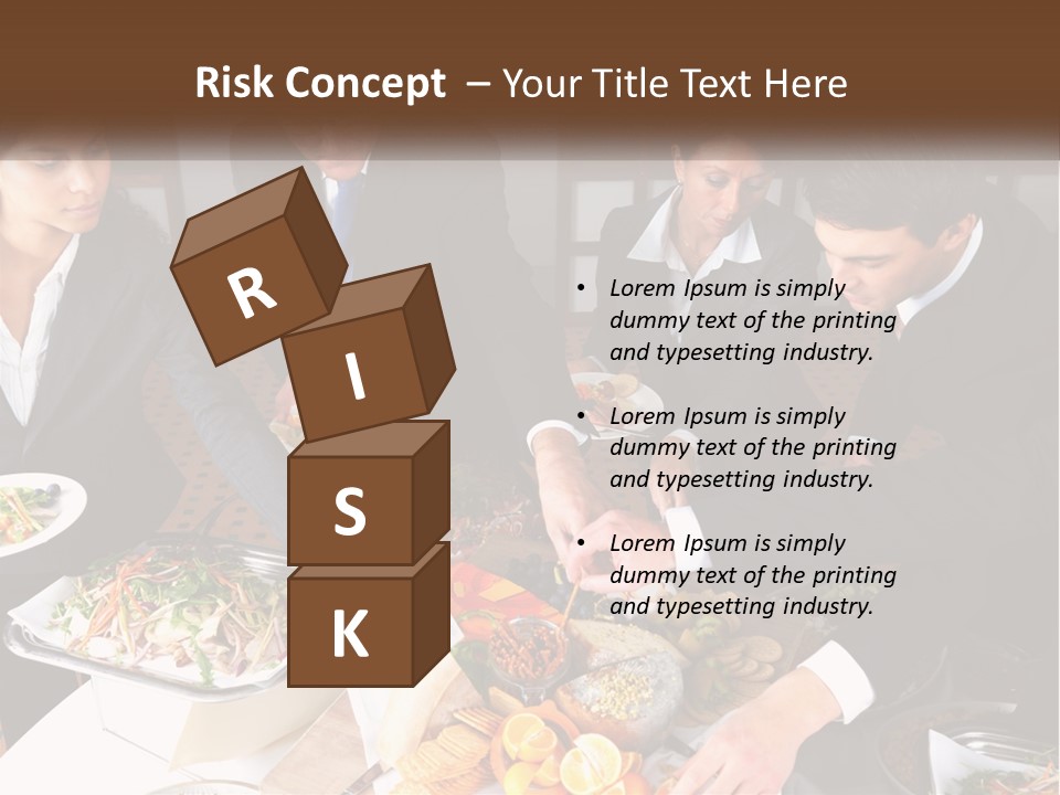 A Group Of People Standing Around A Table With Plates Of Food PowerPoint Template