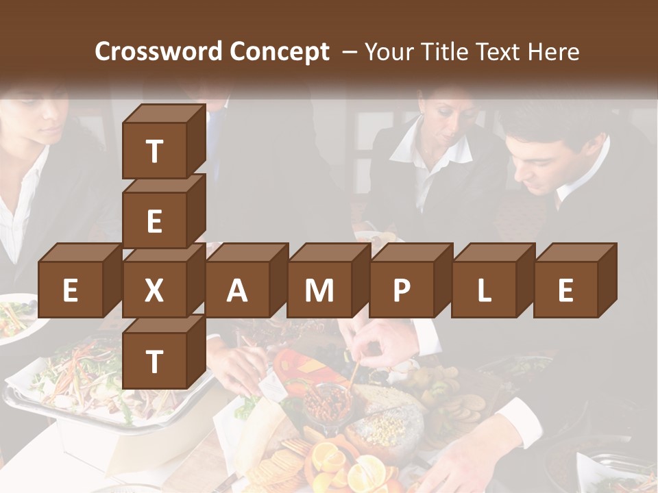 A Group Of People Standing Around A Table With Plates Of Food PowerPoint Template