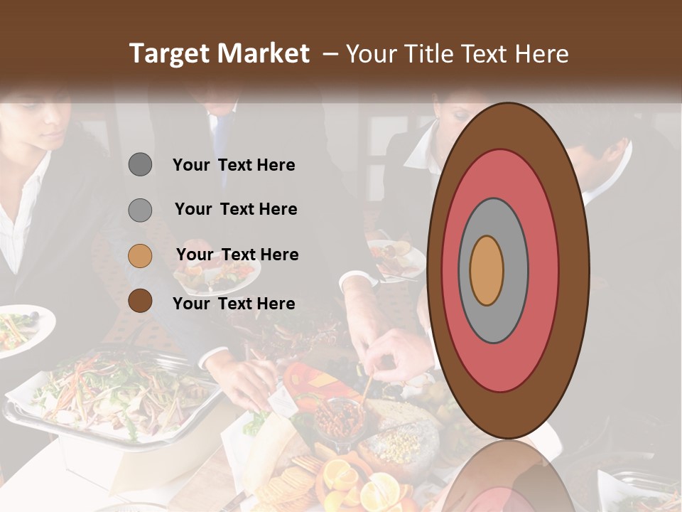 A Group Of People Standing Around A Table With Plates Of Food PowerPoint Template