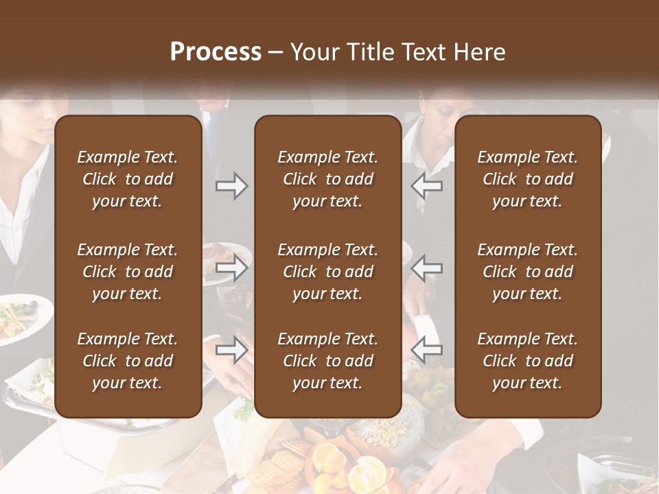 A Group Of People Standing Around A Table With Plates Of Food PowerPoint Template