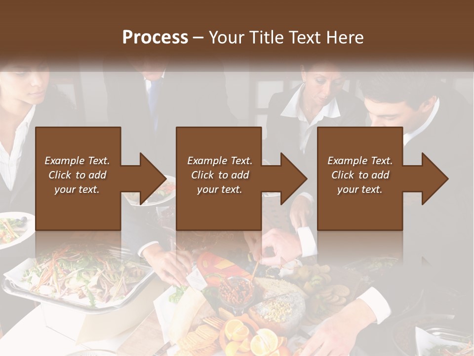 A Group Of People Standing Around A Table With Plates Of Food PowerPoint Template