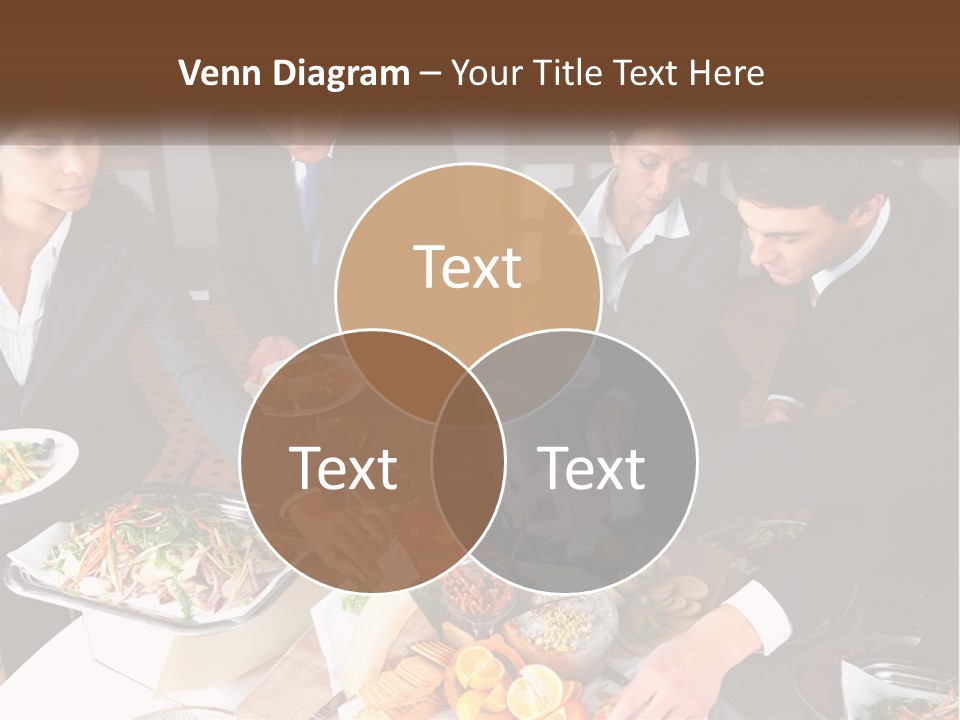 A Group Of People Standing Around A Table With Plates Of Food PowerPoint Template