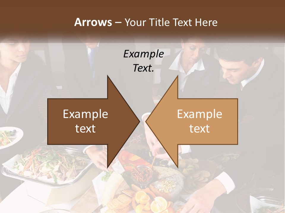 A Group Of People Standing Around A Table With Plates Of Food PowerPoint Template