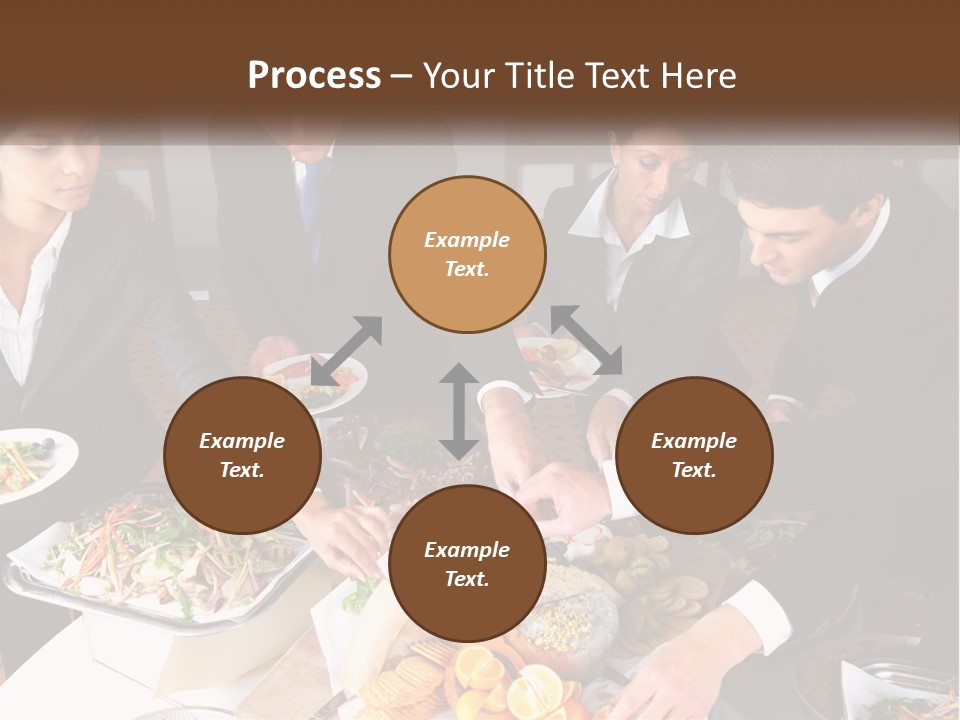 A Group Of People Standing Around A Table With Plates Of Food PowerPoint Template