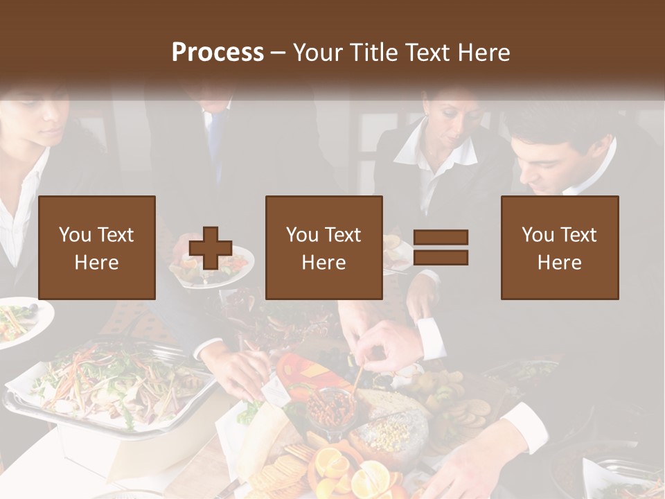 A Group Of People Standing Around A Table With Plates Of Food PowerPoint Template