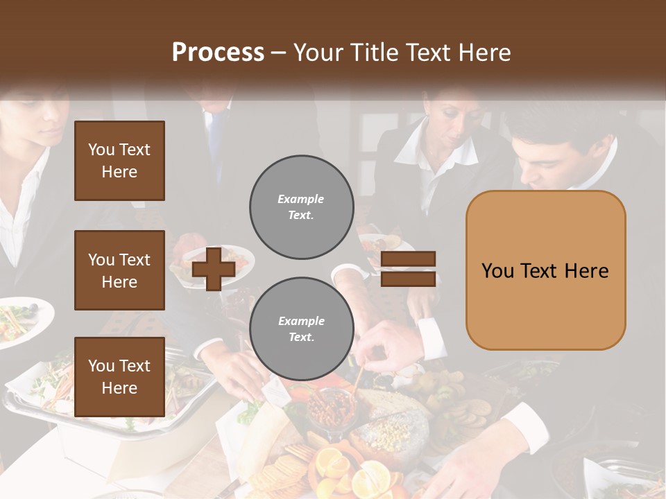 A Group Of People Standing Around A Table With Plates Of Food PowerPoint Template