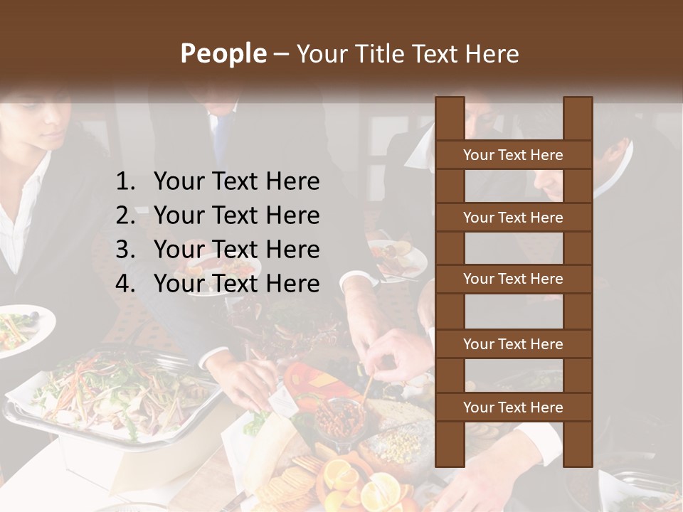 A Group Of People Standing Around A Table With Plates Of Food PowerPoint Template