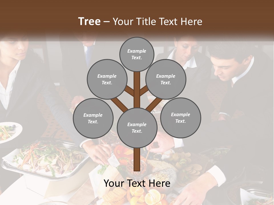 A Group Of People Standing Around A Table With Plates Of Food PowerPoint Template