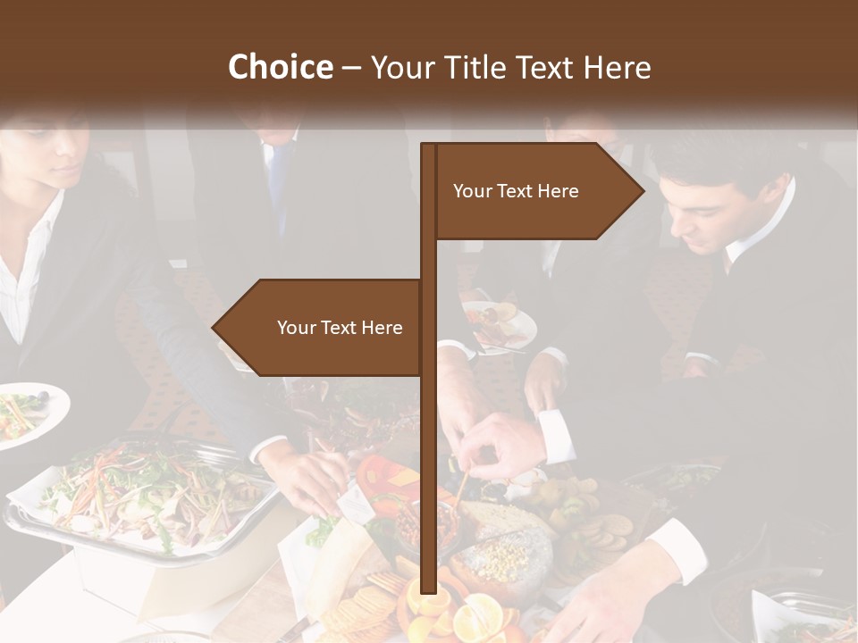 A Group Of People Standing Around A Table With Plates Of Food PowerPoint Template