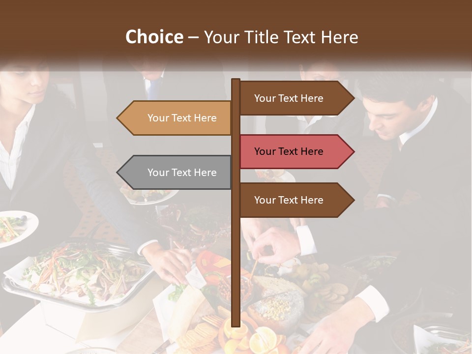 A Group Of People Standing Around A Table With Plates Of Food PowerPoint Template