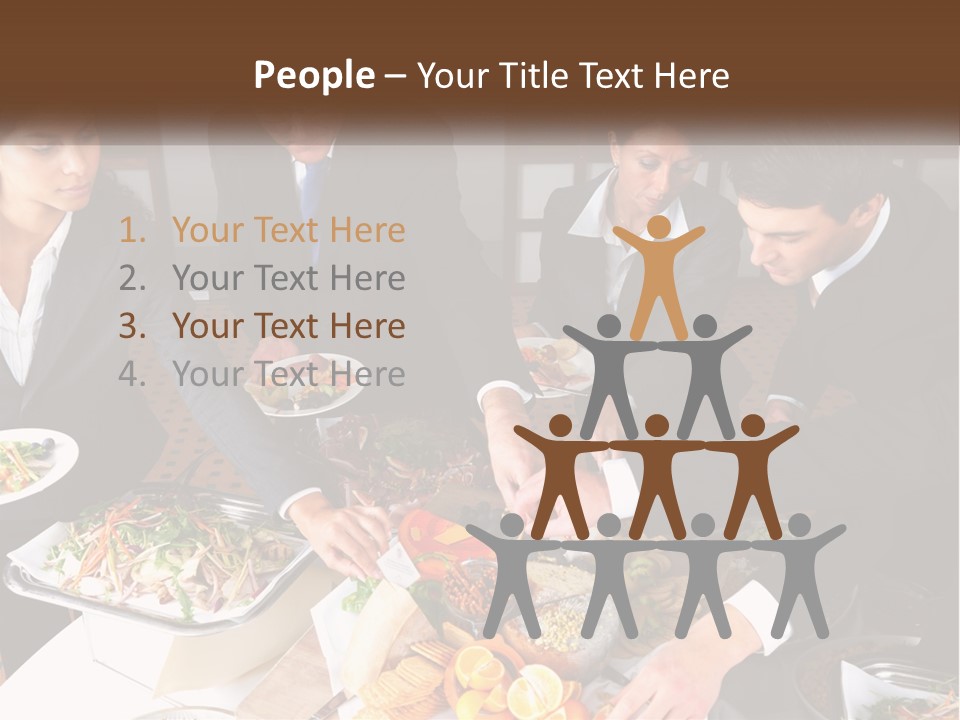 A Group Of People Standing Around A Table With Plates Of Food PowerPoint Template