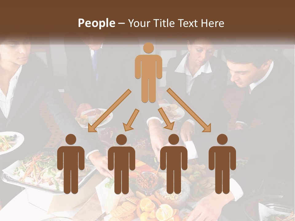 A Group Of People Standing Around A Table With Plates Of Food PowerPoint Template