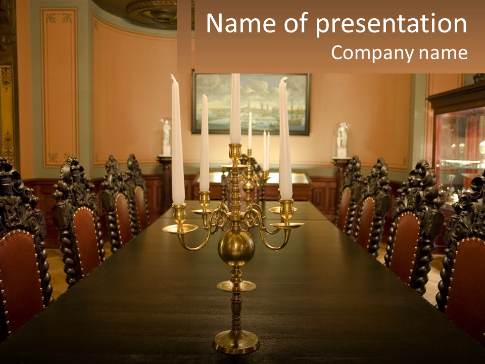 A Long Table With A Chandelier On Top Of It PowerPoint Template
