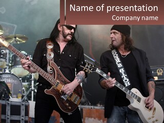 Two Men Are Playing Guitars On Stage PowerPoint Template