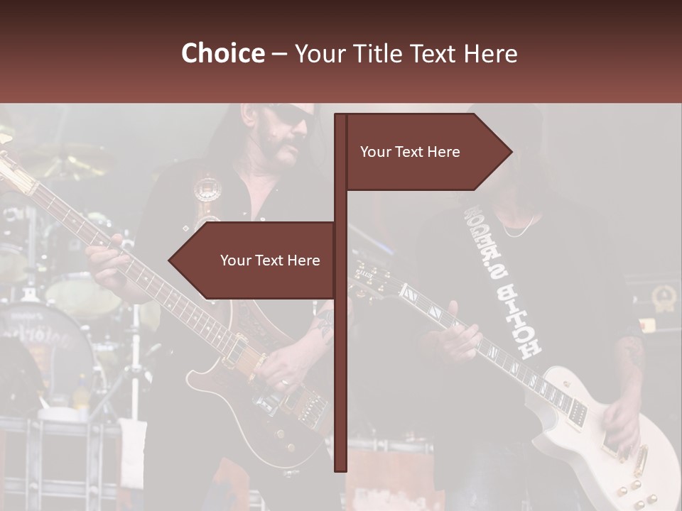Two Men Are Playing Guitars On Stage PowerPoint Template