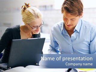 A Man And Woman Looking At A Laptop Screen PowerPoint Template