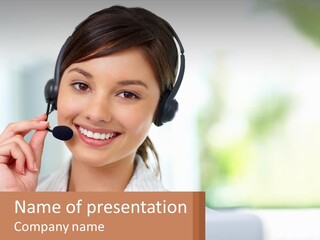 A Woman Wearing A Headset With A Business Card In Front Of Her PowerPoint Template