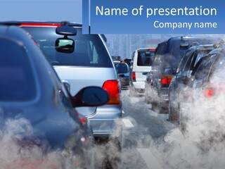A Group Of Cars Driving Down A Street With Smoke Coming Out Of Them PowerPoint Template