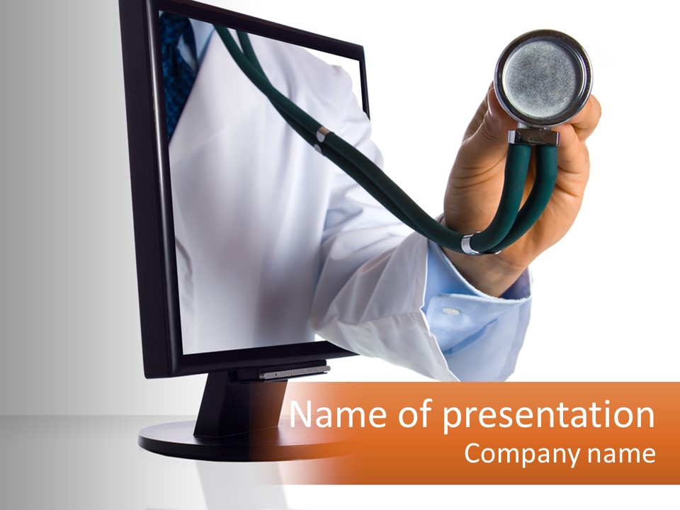 A Doctor Holding A Stethoscope Up To A Computer Screen PowerPoint Template