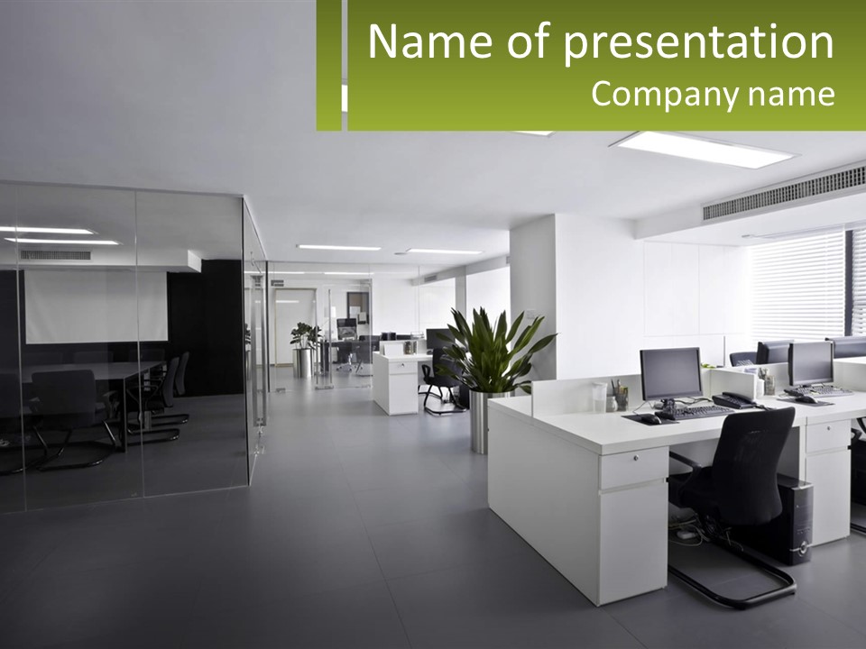An Office With A Desk And Chairs And A Plant PowerPoint Template