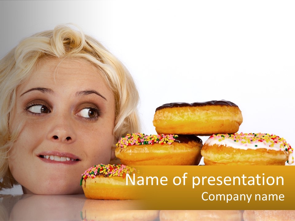 A Woman With A Bunch Of Doughnuts In Front Of Her PowerPoint Template