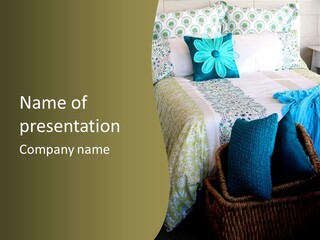 A Bedroom With A Bed And A Basket On The Floor PowerPoint Template