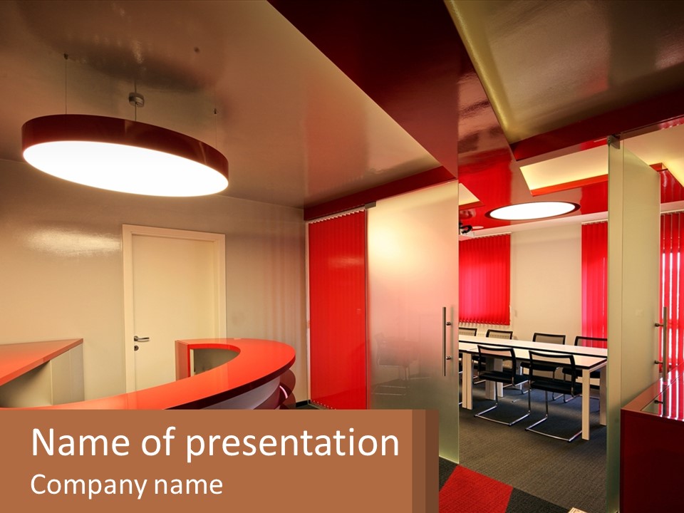 A Conference Room With A Table And Chairs PowerPoint Template