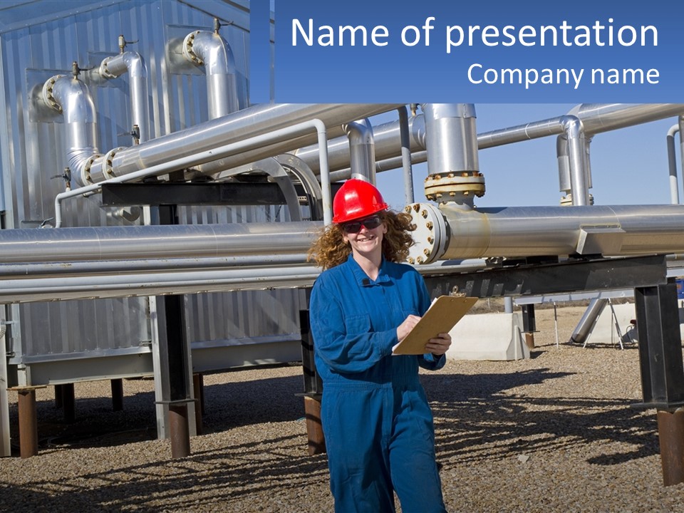 A Woman In Blue Overalls And A Red Hard Hat Standing In Front Of A PowerPoint Template