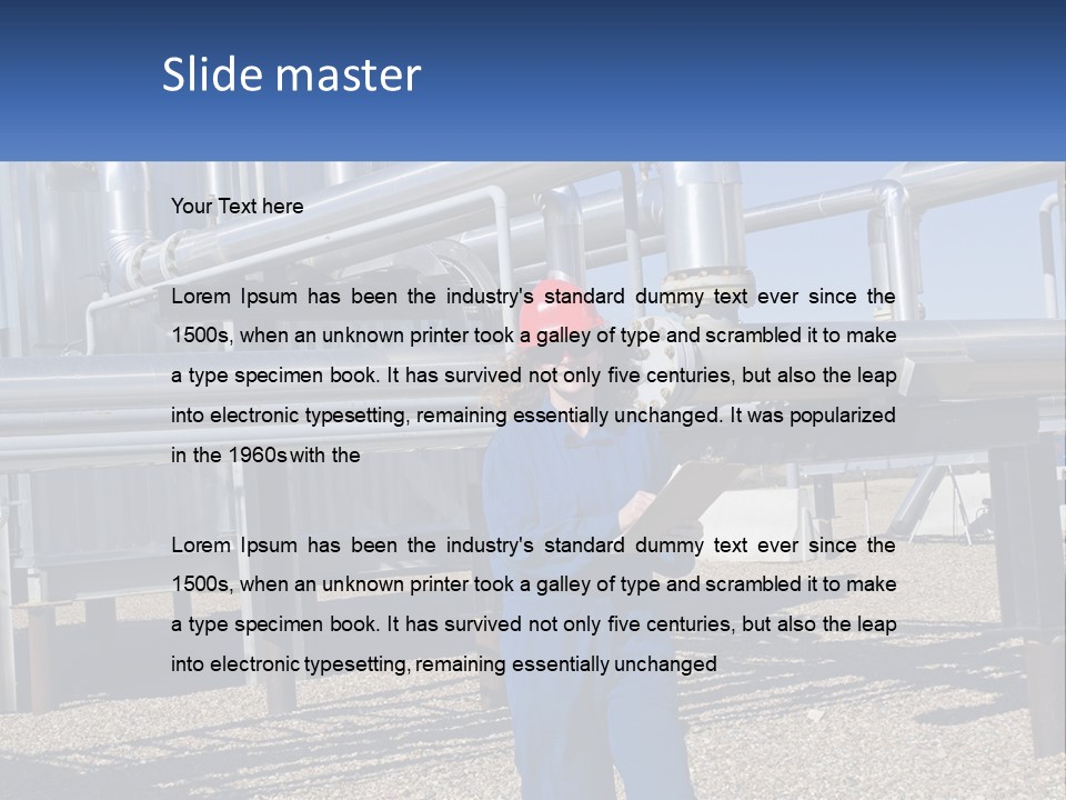 A Woman In Blue Overalls And A Red Hard Hat Standing In Front Of A PowerPoint Template