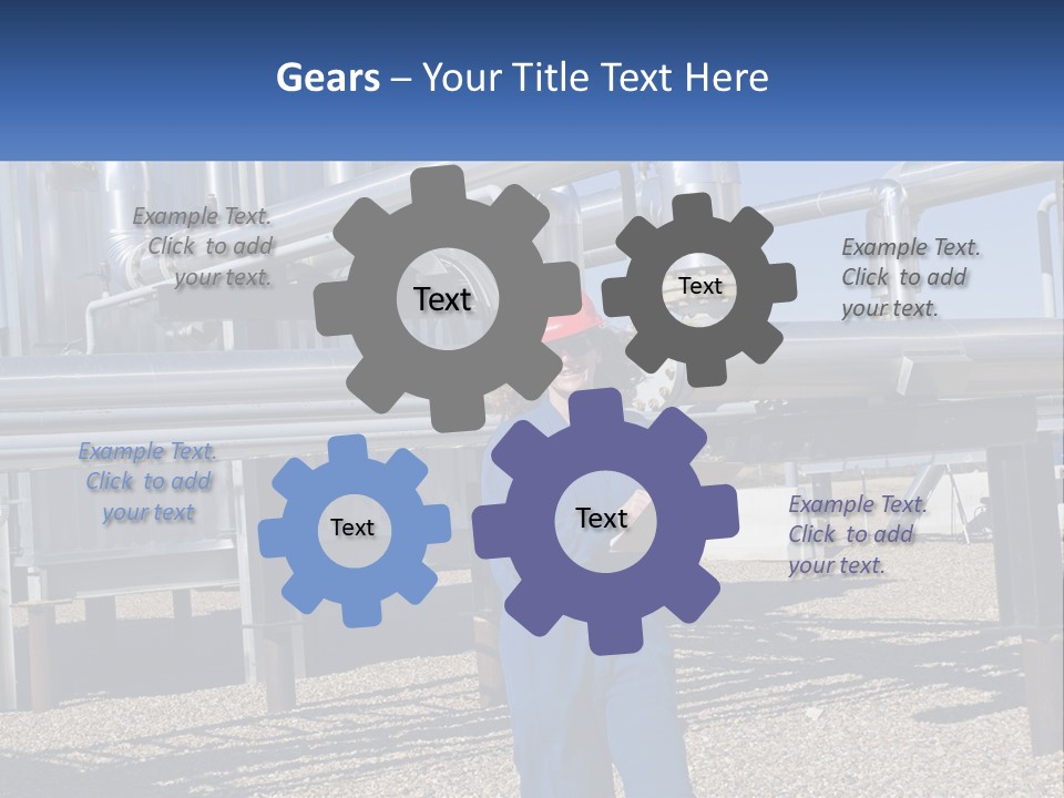 A Woman In Blue Overalls And A Red Hard Hat Standing In Front Of A PowerPoint Template