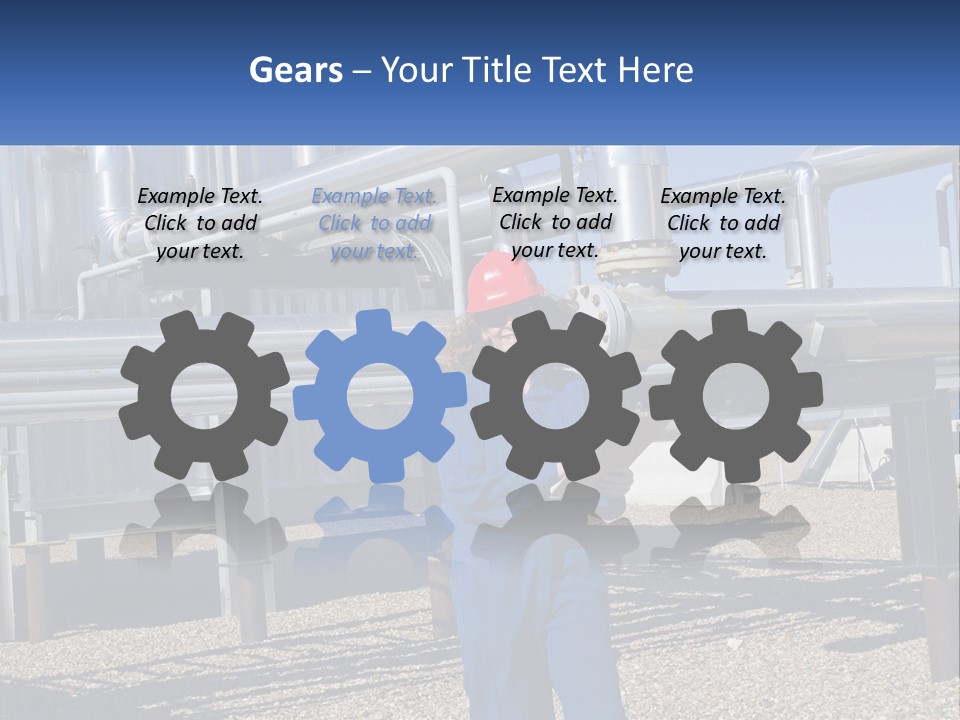 A Woman In Blue Overalls And A Red Hard Hat Standing In Front Of A PowerPoint Template