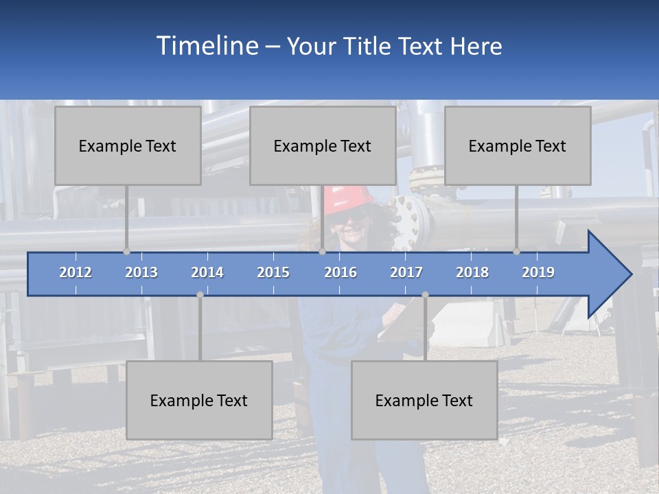A Woman In Blue Overalls And A Red Hard Hat Standing In Front Of A PowerPoint Template