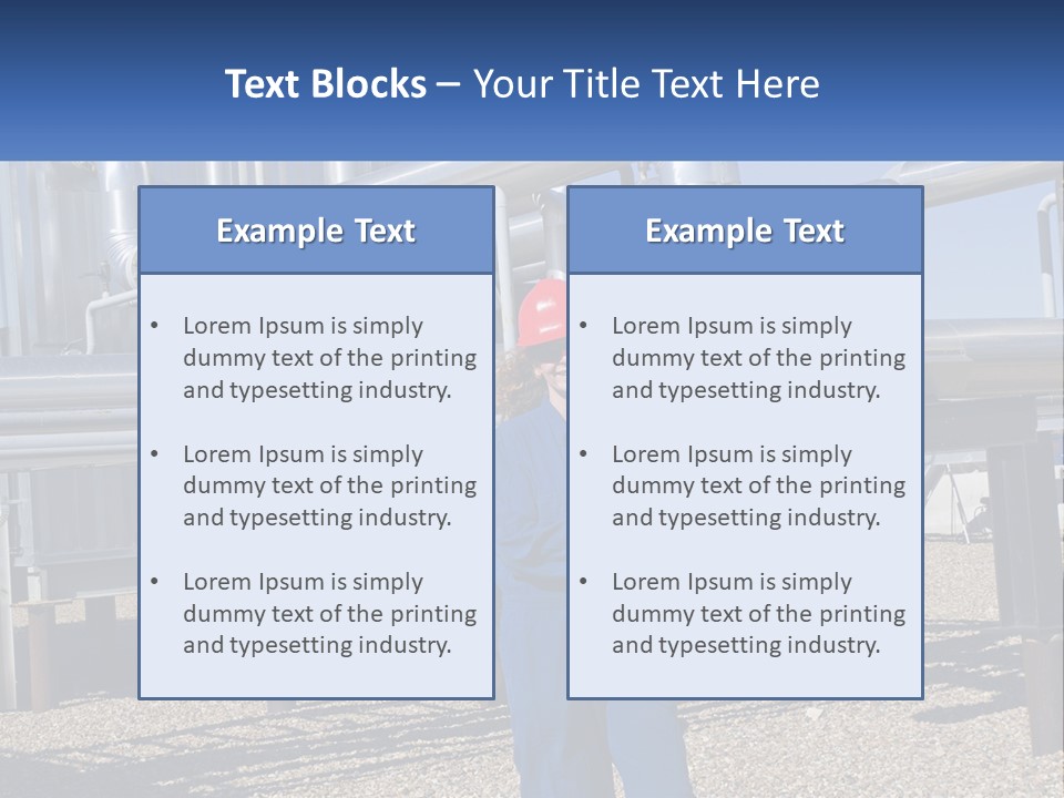 A Woman In Blue Overalls And A Red Hard Hat Standing In Front Of A PowerPoint Template
