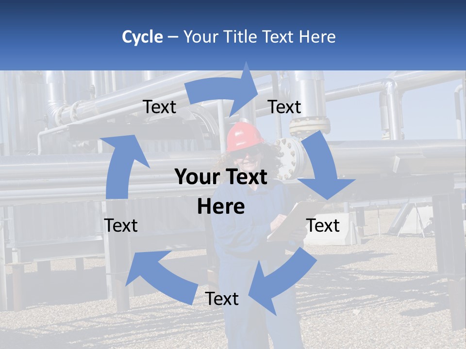 A Woman In Blue Overalls And A Red Hard Hat Standing In Front Of A PowerPoint Template