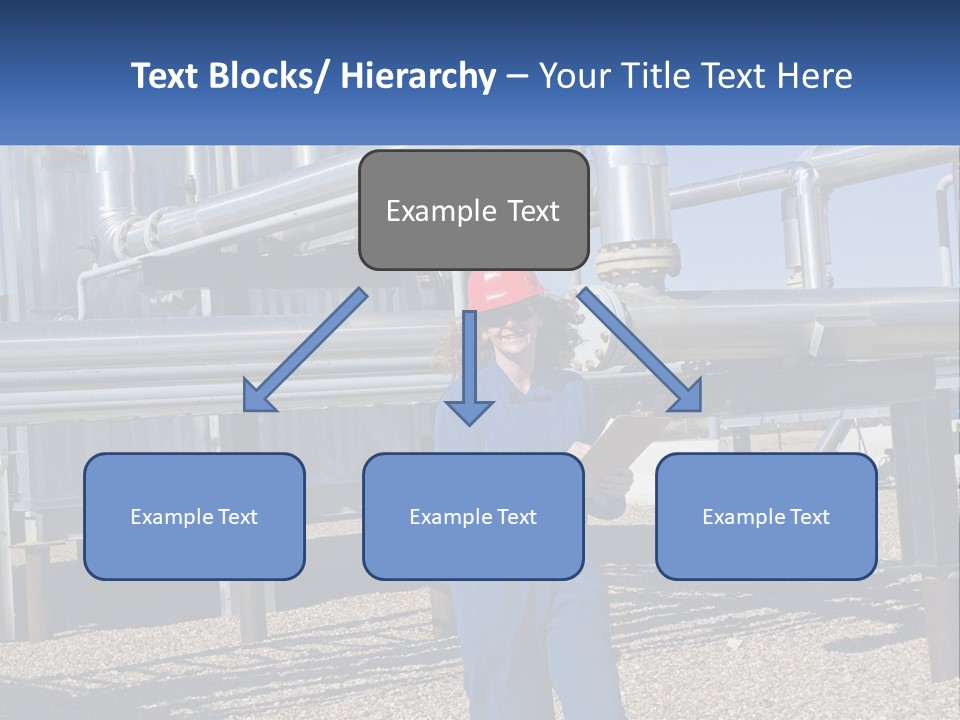 A Woman In Blue Overalls And A Red Hard Hat Standing In Front Of A PowerPoint Template