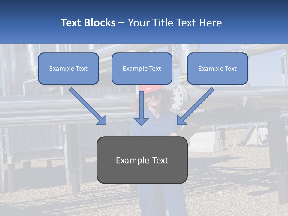 A Woman In Blue Overalls And A Red Hard Hat Standing In Front Of A PowerPoint Template