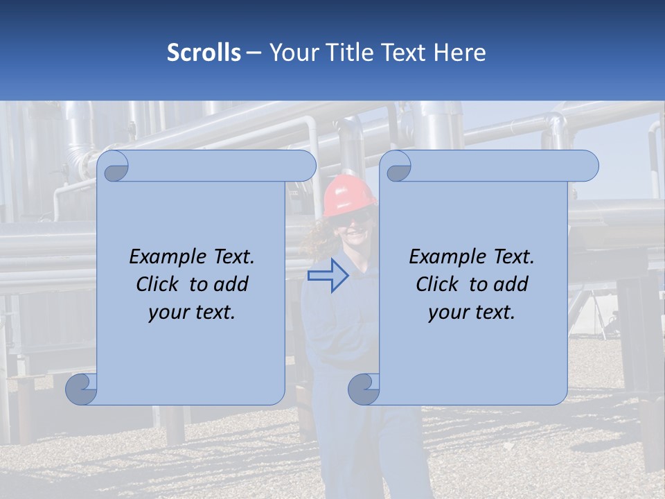 A Woman In Blue Overalls And A Red Hard Hat Standing In Front Of A PowerPoint Template