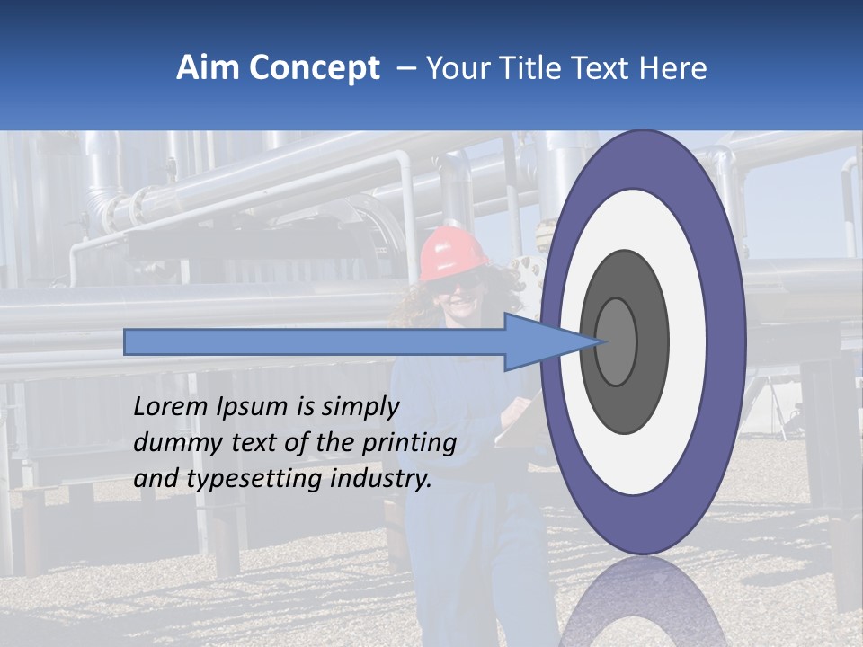 A Woman In Blue Overalls And A Red Hard Hat Standing In Front Of A PowerPoint Template