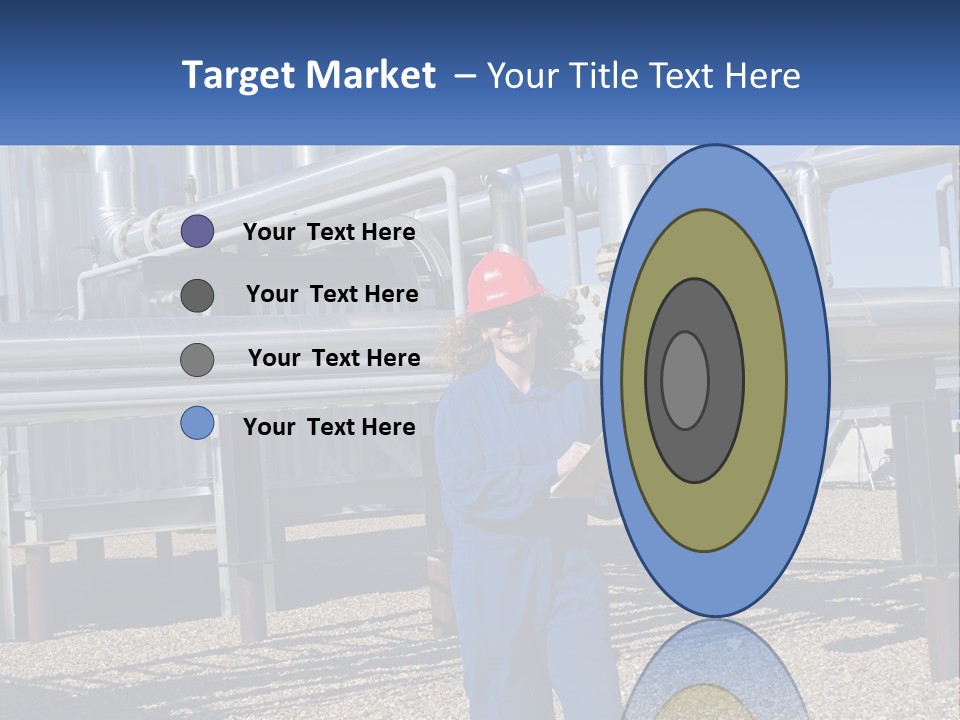 A Woman In Blue Overalls And A Red Hard Hat Standing In Front Of A PowerPoint Template