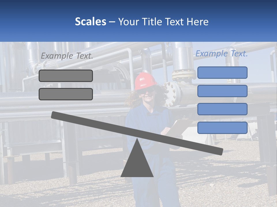 A Woman In Blue Overalls And A Red Hard Hat Standing In Front Of A PowerPoint Template