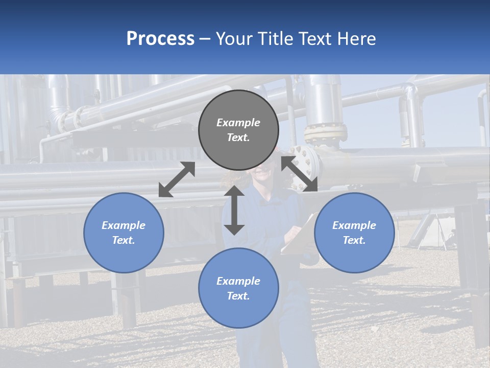 A Woman In Blue Overalls And A Red Hard Hat Standing In Front Of A PowerPoint Template