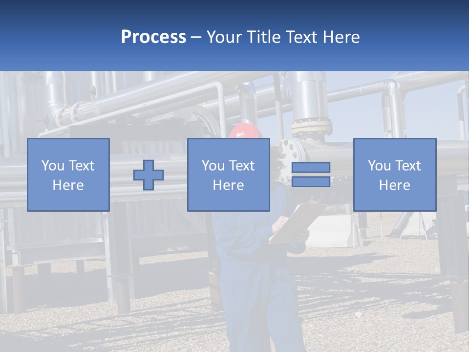 A Woman In Blue Overalls And A Red Hard Hat Standing In Front Of A PowerPoint Template