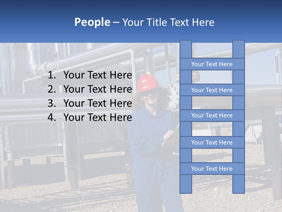 A Woman In Blue Overalls And A Red Hard Hat Standing In Front Of A PowerPoint Template